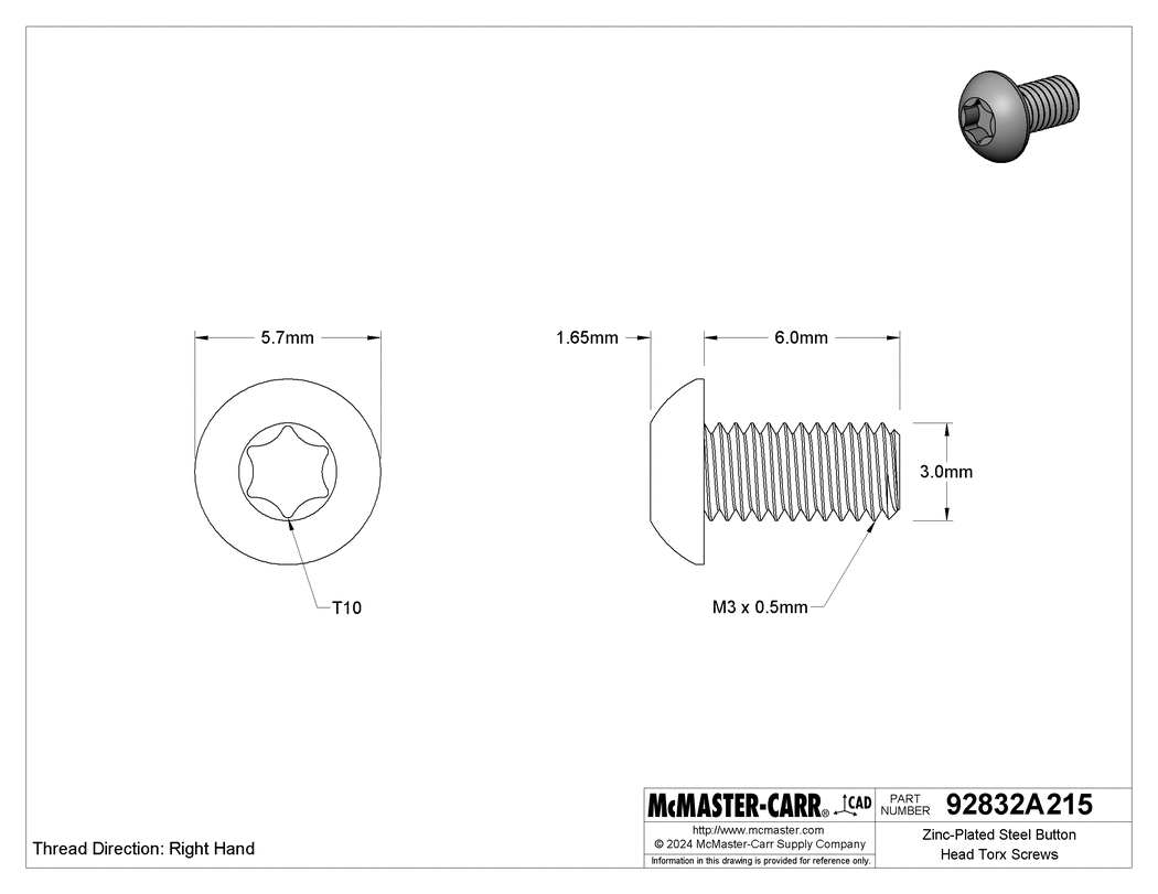 Technical Drawing of Zinc-Plated Steel Button Head Torx Screws, Class 8.8, M3 x 0.5 mm Thread, 6 mm Long.